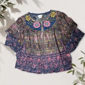 Anthropologie Postmark Floral Boho Blouse Pink Yellow Embroidered Mesh Top XS